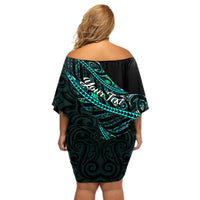 personalised-aotearoa-off-shoulder-short-dress-silver-fern-mix-paua-shell-polynesian-pattern