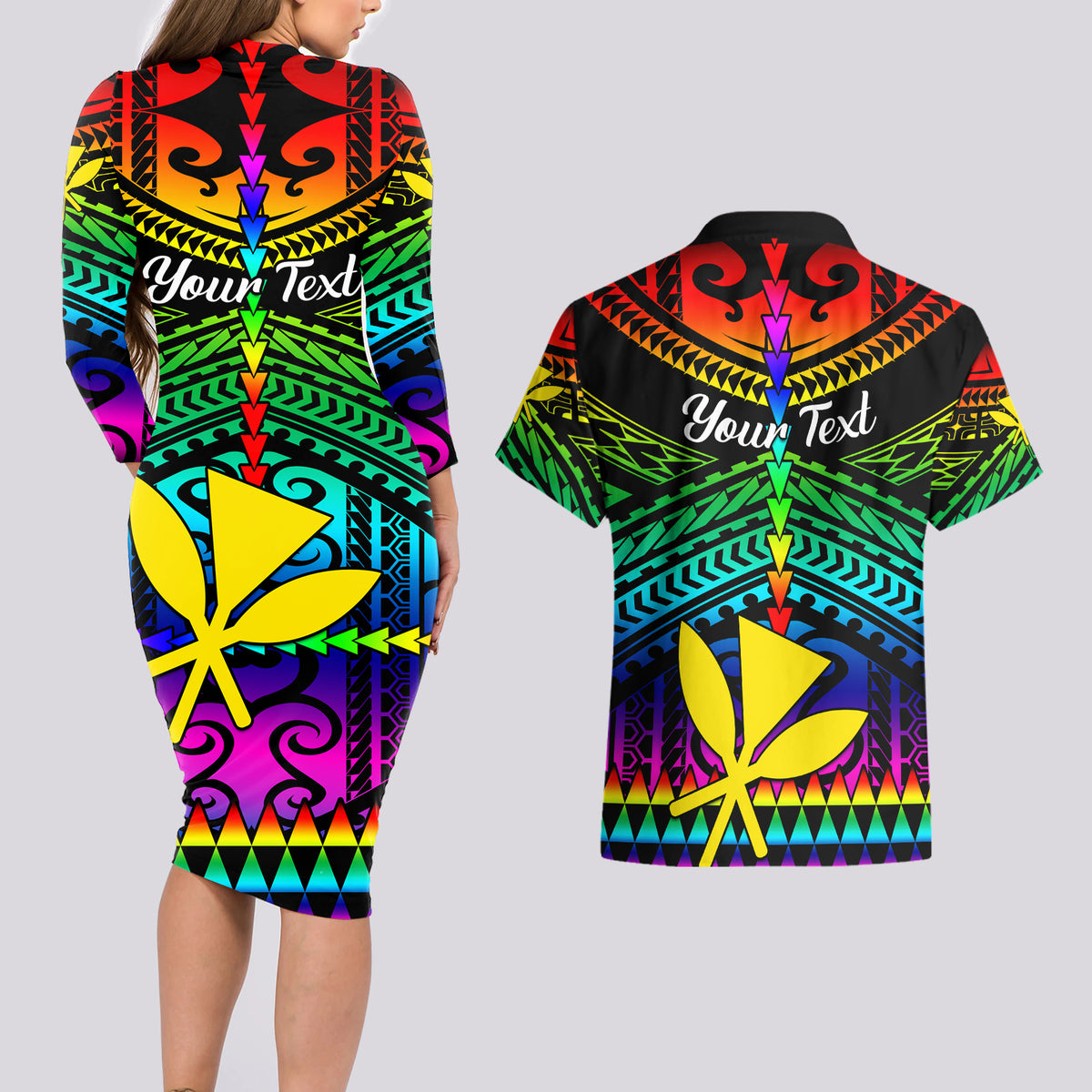 Personalised Hawaii Couples Matching Long Sleeve Bodycon Dress and Hawaiian Shirt Kanaka Maoli Kakau 2023 National Coming Out Day LT01 - Polynesian Pride