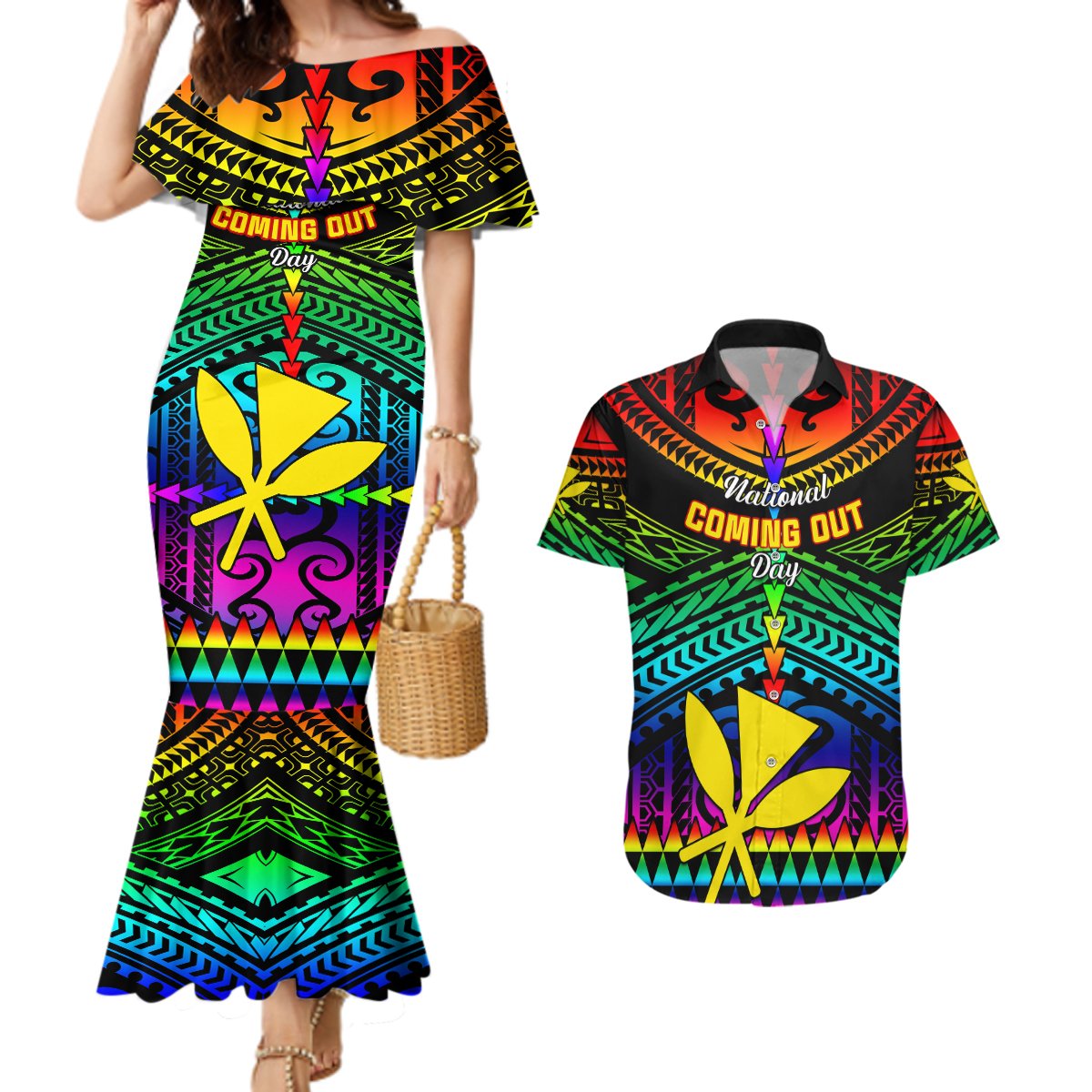 Personalised Hawaii Couples Matching Mermaid Dress and Hawaiian Shirt Kanaka Maoli Kakau 2023 National Coming Out Day LT01 Black - Polynesian Pride