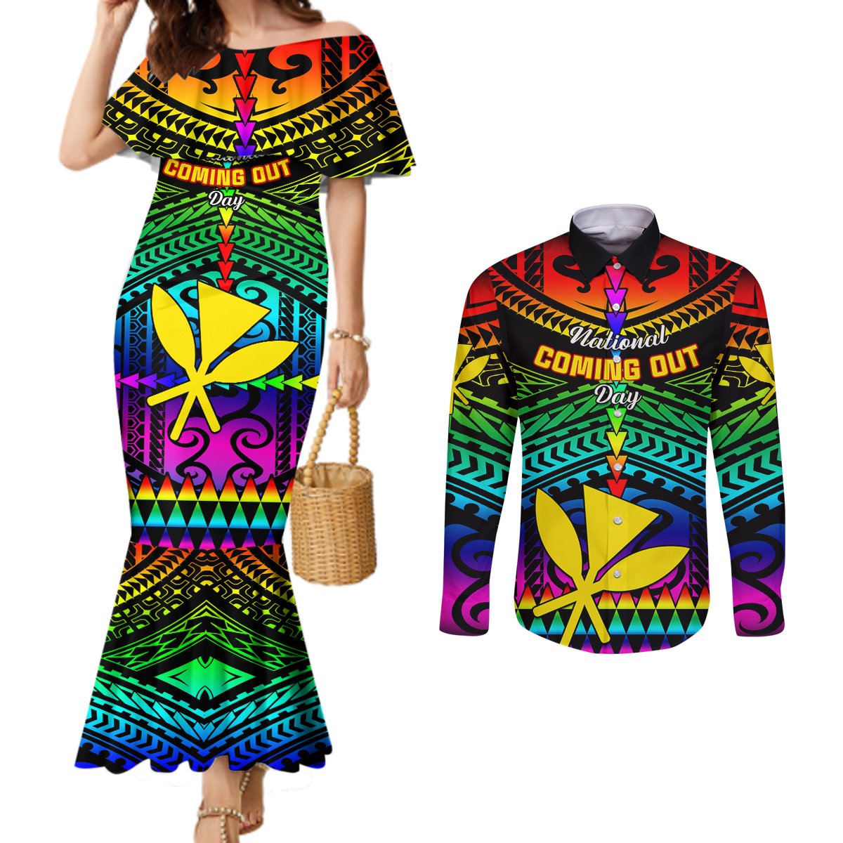 personalised-hawaii-couples-matching-mermaid-dress-and-long-sleeve-button-shirts-kanaka-maoli-kakau-2023-national-coming-out-day