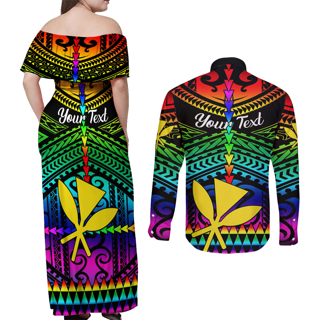Personalised Hawaii Couples Matching Off Shoulder Maxi Dress and Long Sleeve Button Shirts Kanaka Maoli Kakau 2023 National Coming Out Day LT01 - Polynesian Pride