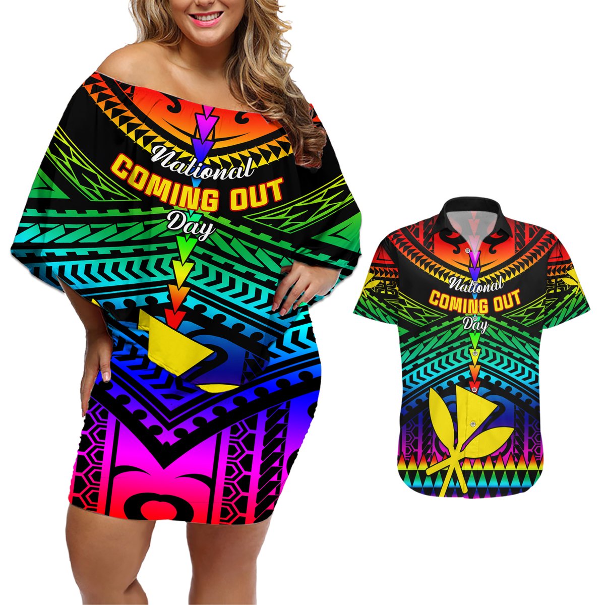 personalised-hawaii-couples-matching-off-shoulder-short-dress-and-hawaiian-shirt-kanaka-maoli-kakau-2023-national-coming-out-day