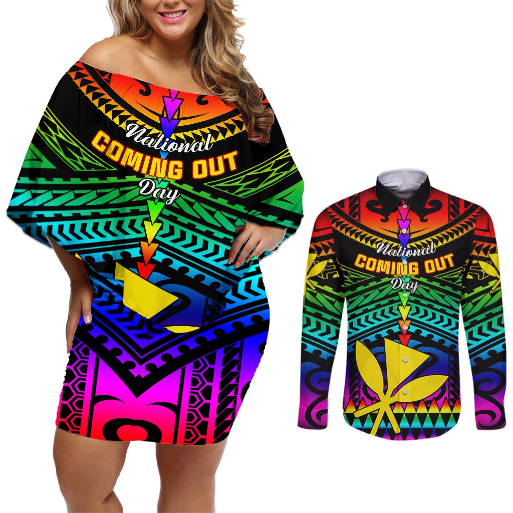 Personalised Hawaii Couples Matching Off Shoulder Short Dress and Long Sleeve Button Shirts Kanaka Maoli Kakau 2023 National Coming Out Day LT01 Black - Polynesian Pride