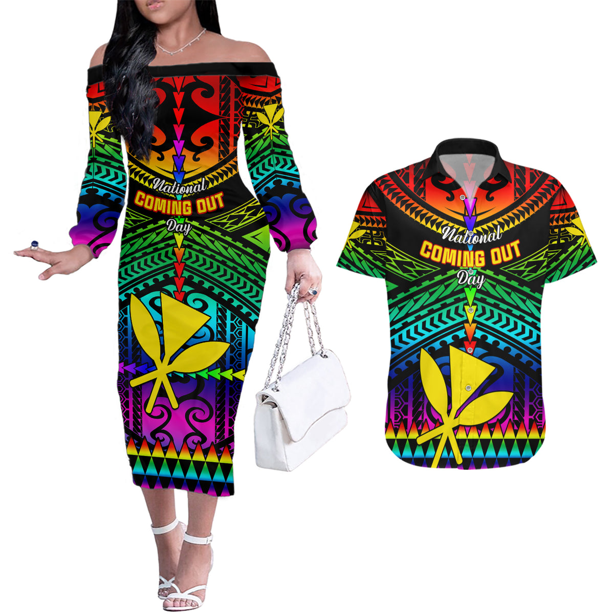 Personalised Hawaii Couples Matching Off The Shoulder Long Sleeve Dress and Hawaiian Shirt Kanaka Maoli Kakau 2023 National Coming Out Day LT01 Black - Polynesian Pride