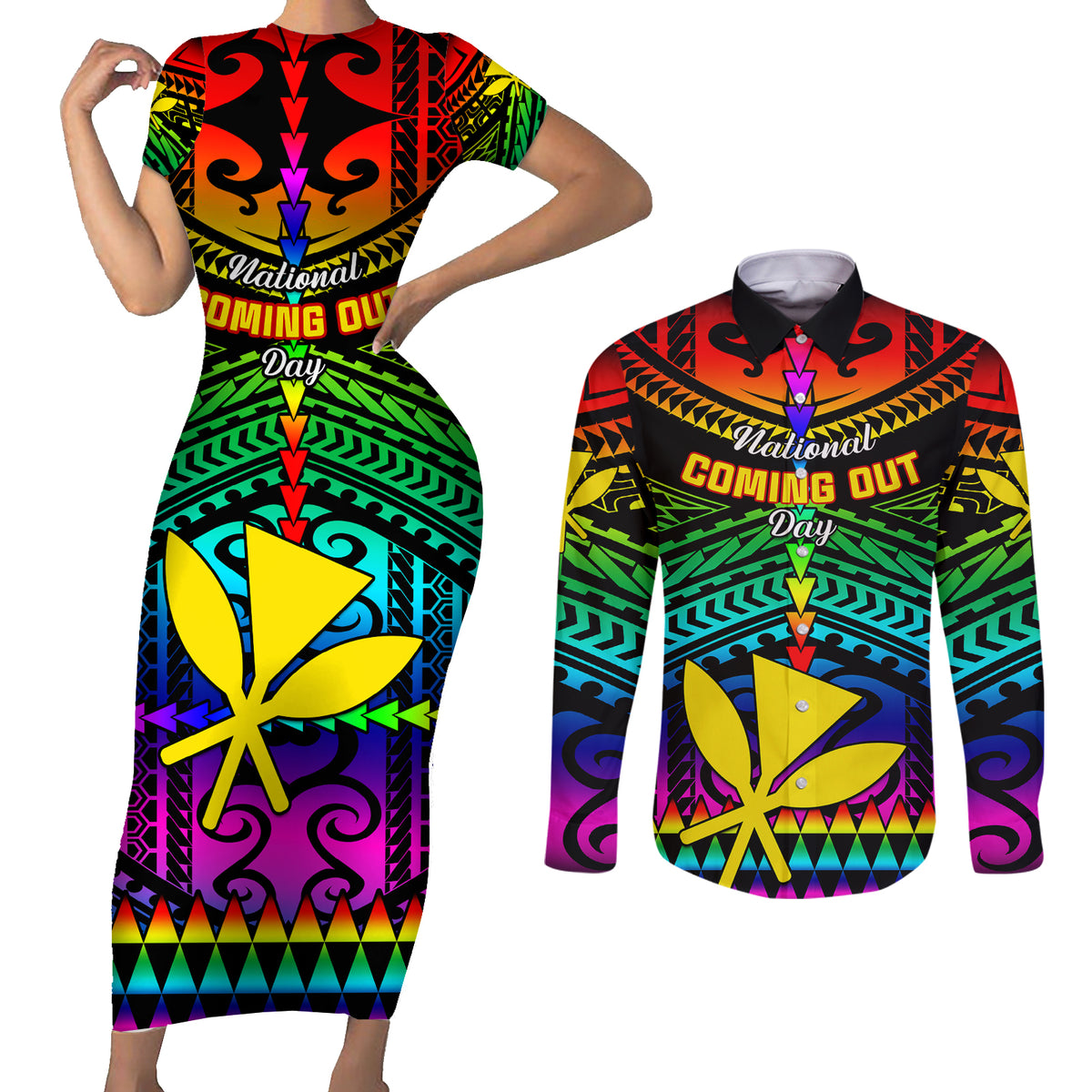 Personalised Hawaii Couples Matching Short Sleeve Bodycon Dress and Long Sleeve Button Shirts Kanaka Maoli Kakau 2023 National Coming Out Day LT01 Black - Polynesian Pride