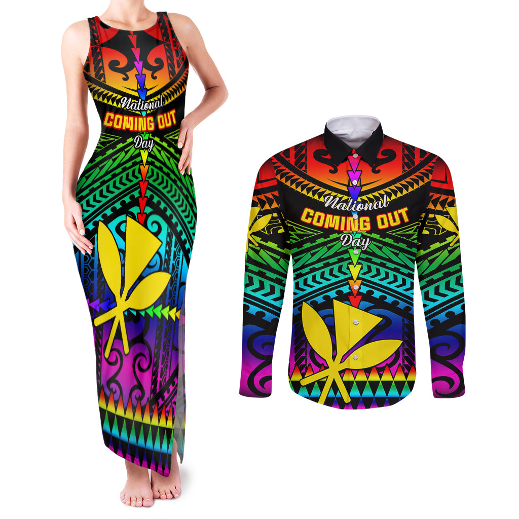 Personalised Hawaii Couples Matching Tank Maxi Dress and Long Sleeve Button Shirts Kanaka Maoli Kakau 2023 National Coming Out Day LT01 Black - Polynesian Pride
