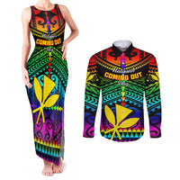 Personalised Hawaii Couples Matching Tank Maxi Dress and Long Sleeve Button Shirts Kanaka Maoli Kakau 2023 National Coming Out Day LT01 Black - Polynesian Pride