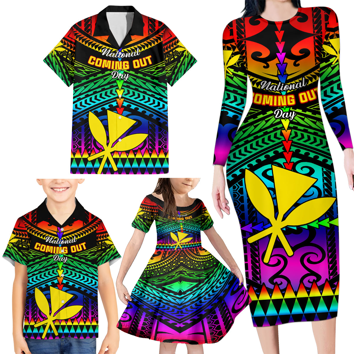 Personalised Hawaii Family Matching Long Sleeve Bodycon Dress and Hawaiian Shirt Kanaka Maoli Kakau 2023 National Coming Out Day LT01 - Polynesian Pride