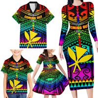 Personalised Hawaii Family Matching Long Sleeve Bodycon Dress and Hawaiian Shirt Kanaka Maoli Kakau 2023 National Coming Out Day LT01 - Polynesian Pride