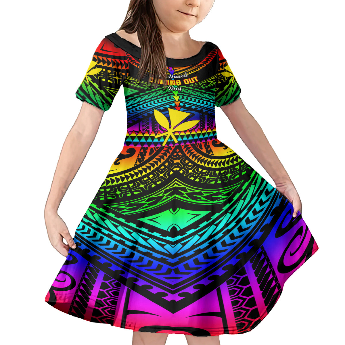 Personalised Hawaii Family Matching Mermaid Dress and Hawaiian Shirt Kanaka Maoli Kakau 2023 National Coming Out Day LT01 Daughter's Dress Black - Polynesian Pride