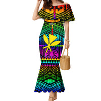 Personalised Hawaii Family Matching Mermaid Dress and Hawaiian Shirt Kanaka Maoli Kakau 2023 National Coming Out Day LT01 Mom's Dress Black - Polynesian Pride