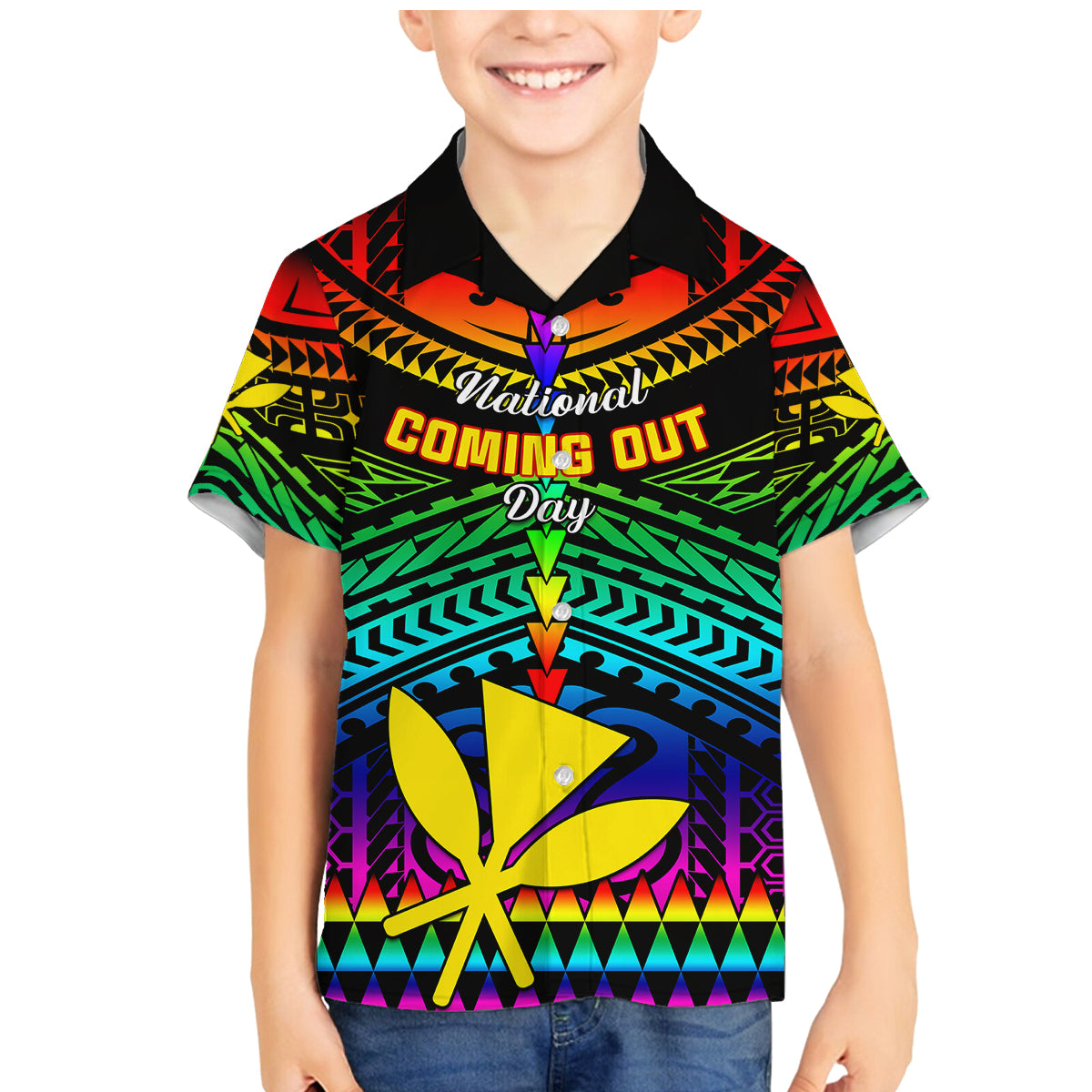 Personalised Hawaii Family Matching Mermaid Dress and Hawaiian Shirt Kanaka Maoli Kakau 2023 National Coming Out Day LT01 Son's Shirt Black - Polynesian Pride