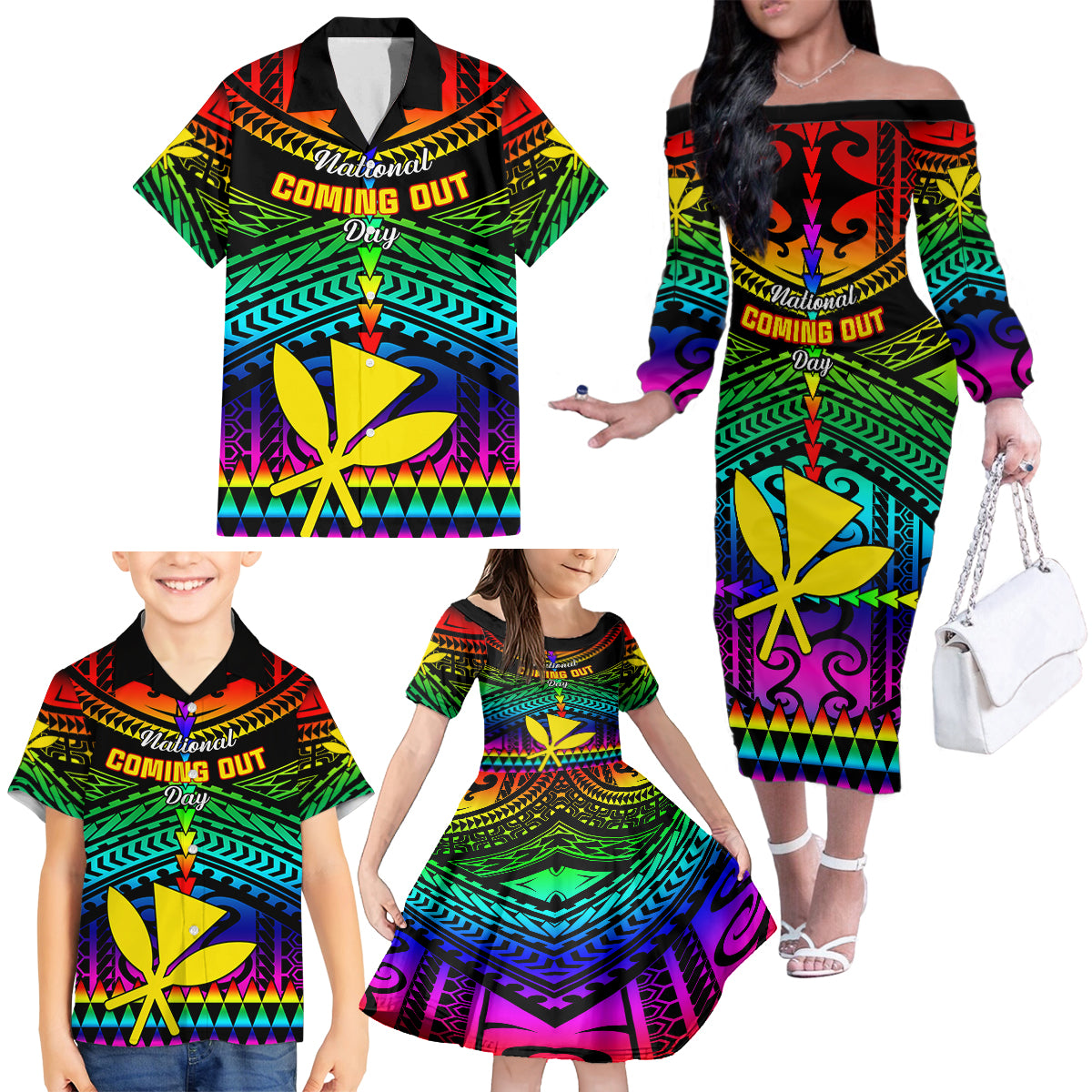 Personalised Hawaii Family Matching Off Shoulder Long Sleeve Dress and Hawaiian Shirt Kanaka Maoli Kakau 2023 National Coming Out Day LT01 - Polynesian Pride