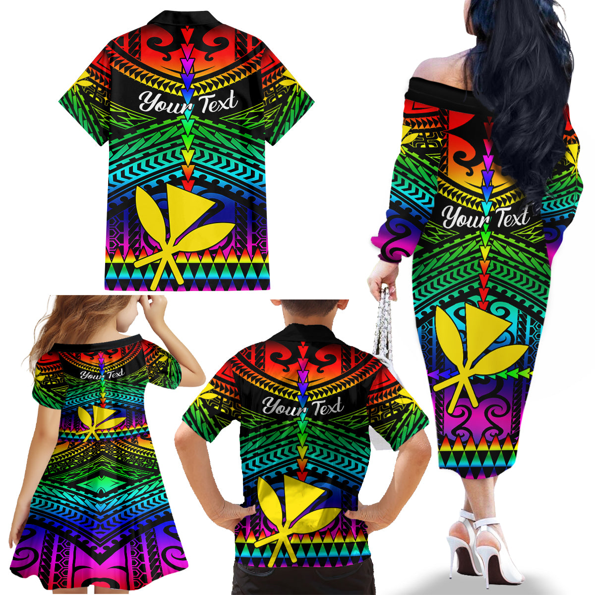 Personalised Hawaii Family Matching Off Shoulder Long Sleeve Dress and Hawaiian Shirt Kanaka Maoli Kakau 2023 National Coming Out Day LT01 - Polynesian Pride