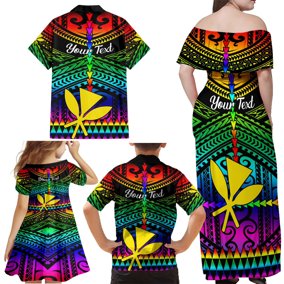 Personalised Hawaii Family Matching Off Shoulder Maxi Dress and Hawaiian Shirt Kanaka Maoli Kakau 2023 National Coming Out Day LT01 - Polynesian Pride