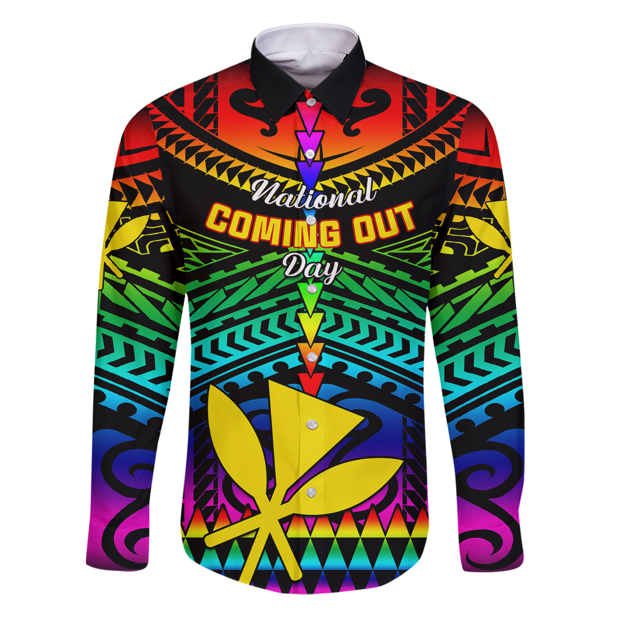 Personalised Hawaii Family Matching Off Shoulder Short Dress and Hawaiian Shirt Kanaka Maoli Kakau 2023 National Coming Out Day LT01 Dad's Shirt - Long Sleeve Black - Polynesian Pride