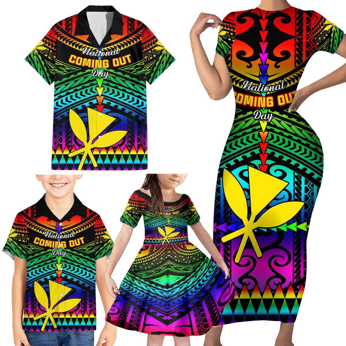 Personalised Hawaii Family Matching Short Sleeve Bodycon Dress and Hawaiian Shirt Kanaka Maoli Kakau 2023 National Coming Out Day LT01 - Polynesian Pride