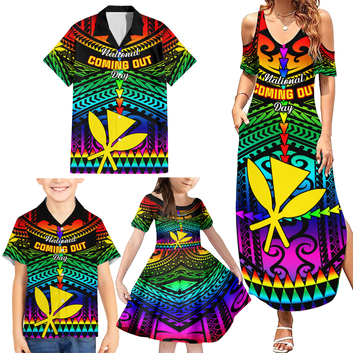 Personalised Hawaii Family Matching Summer Maxi Dress and Hawaiian Shirt Kanaka Maoli Kakau 2023 National Coming Out Day LT01 - Polynesian Pride