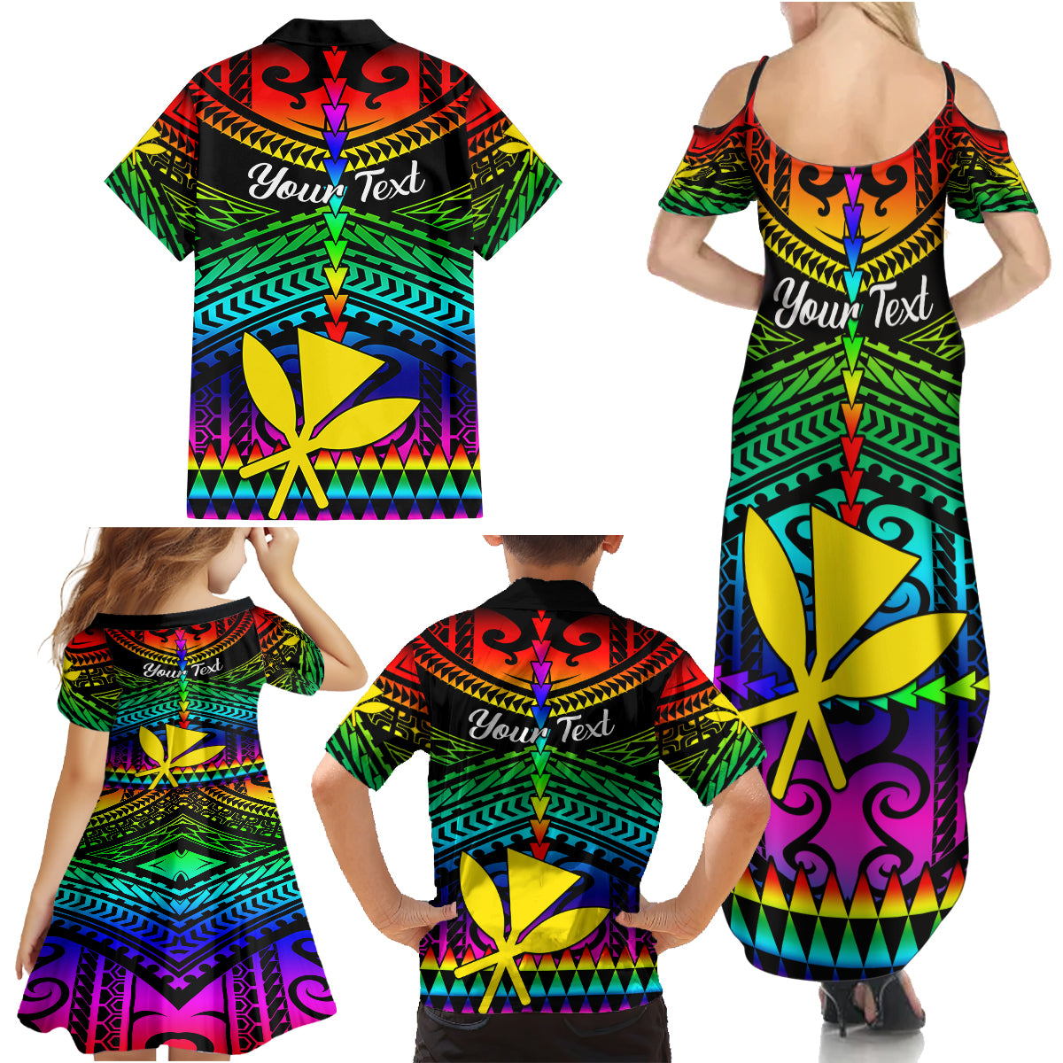 Personalised Hawaii Family Matching Summer Maxi Dress and Hawaiian Shirt Kanaka Maoli Kakau 2023 National Coming Out Day LT01 - Polynesian Pride