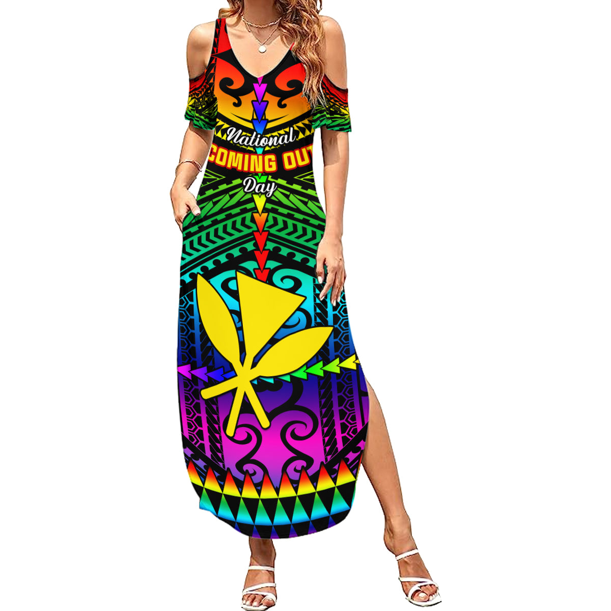 Personalised Hawaii Family Matching Summer Maxi Dress and Hawaiian Shirt Kanaka Maoli Kakau 2023 National Coming Out Day LT01 Mom's Dress Black - Polynesian Pride