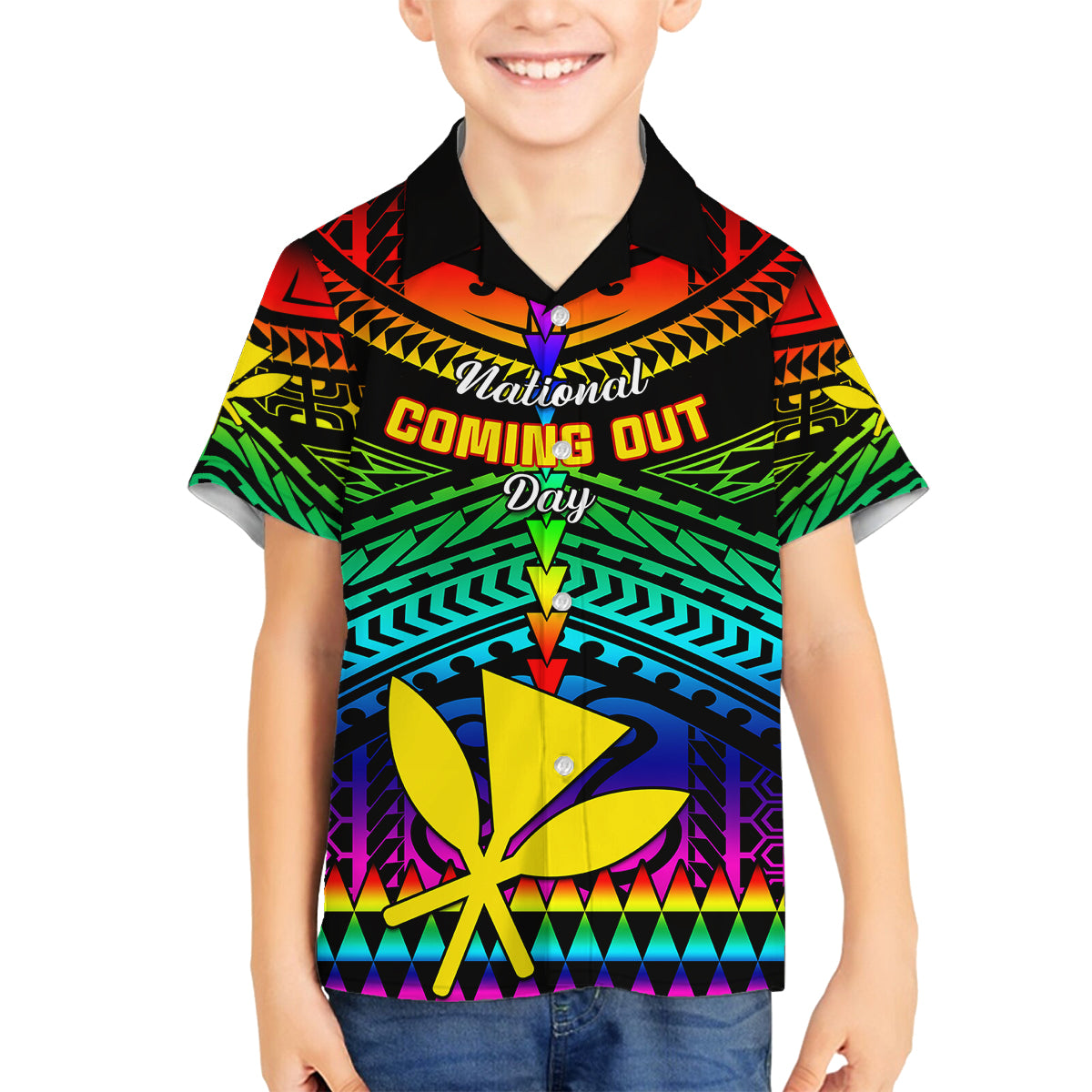 Personalised Hawaii Family Matching Summer Maxi Dress and Hawaiian Shirt Kanaka Maoli Kakau 2023 National Coming Out Day LT01 Son's Shirt Black - Polynesian Pride