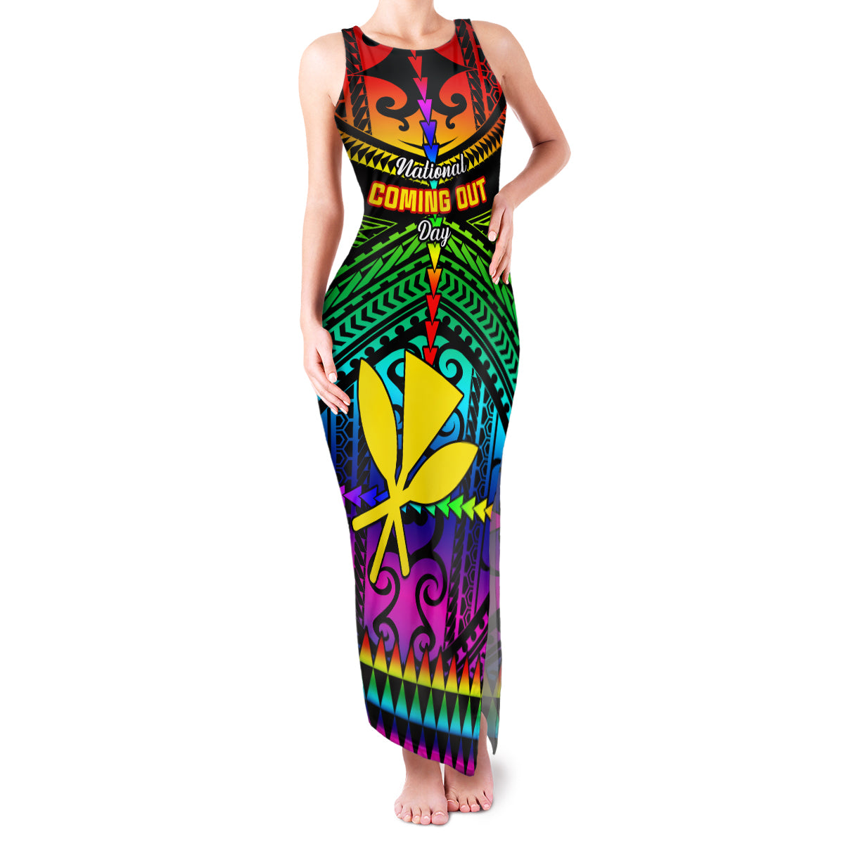 Personalised Hawaii Family Matching Tank Maxi Dress and Hawaiian Shirt Kanaka Maoli Kakau 2023 National Coming Out Day LT01 Mom's Dress Black - Polynesian Pride