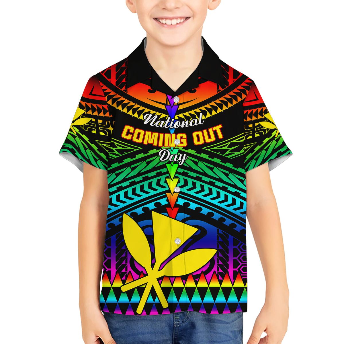 Personalised Hawaii Kid Hawaiian Shirt Kanaka Maoli Kakau 2023 National Coming Out Day LT01 Kid Black - Polynesian Pride