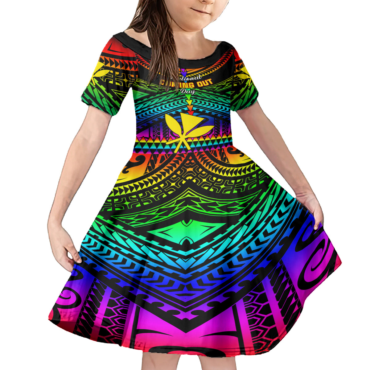 Personalised Hawaii Kid Short Sleeve Dress Kanaka Maoli Kakau 2023 National Coming Out Day LT01 KID Black - Polynesian Pride