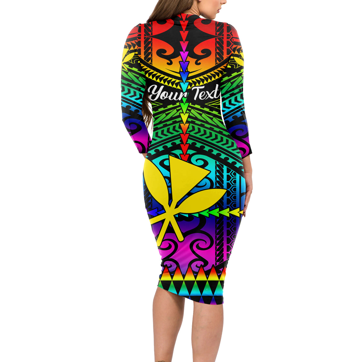 Personalised Hawaii Long Sleeve Bodycon Dress Kanaka Maoli Kakau 2023 National Coming Out Day LT01 - Polynesian Pride