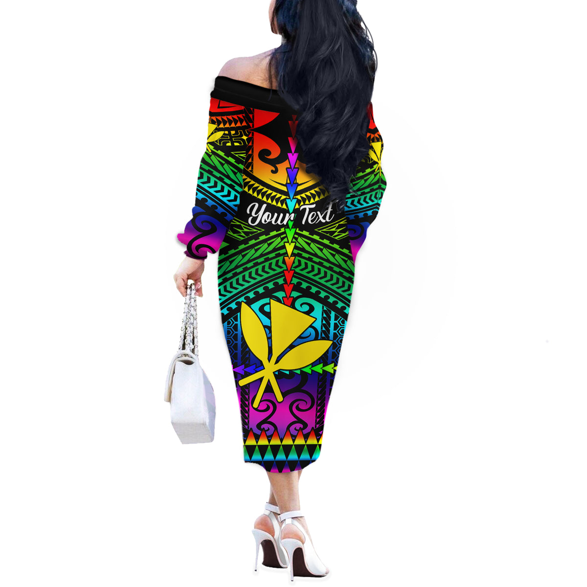 Personalised Hawaii Off The Shoulder Long Sleeve Dress Kanaka Maoli Kakau 2023 National Coming Out Day LT01 - Polynesian Pride