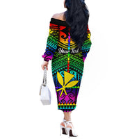 Personalised Hawaii Off The Shoulder Long Sleeve Dress Kanaka Maoli Kakau 2023 National Coming Out Day LT01 - Polynesian Pride