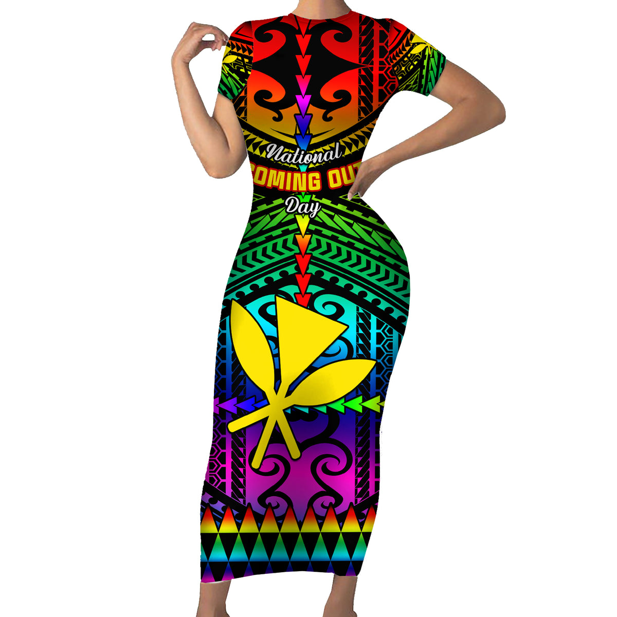 Personalised Hawaii Short Sleeve Bodycon Dress Kanaka Maoli Kakau 2023 National Coming Out Day LT01 Long Dress Black - Polynesian Pride