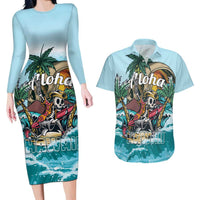 Personalized Aloha Hawaii Skeleton Couples Matching Long Sleeve Bodycon Dress and Hawaiian Shirt Tropical Summer Vibe LT01 Blue - Polynesian Pride