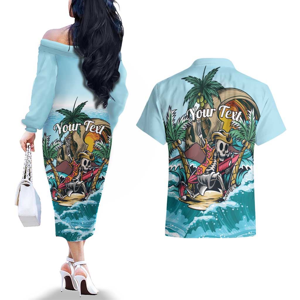 Personalized Aloha Hawaii Skeleton Couples Matching Off The Shoulder Long Sleeve Dress and Hawaiian Shirt Tropical Summer Vibe LT01 - Polynesian Pride
