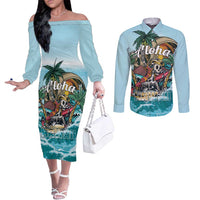 Personalized Aloha Hawaii Skeleton Couples Matching Off The Shoulder Long Sleeve Dress and Long Sleeve Button Shirt Tropical Summer Vibe