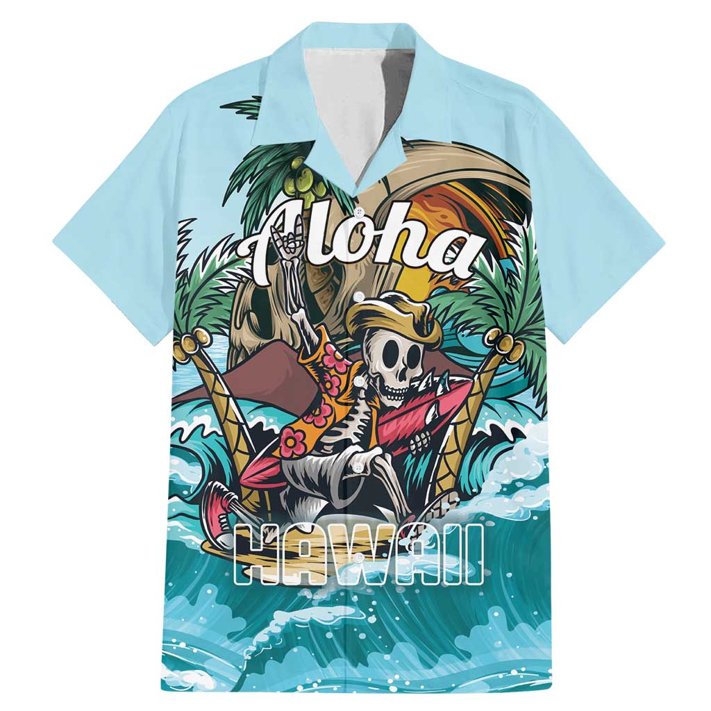 Personalized Aloha Hawaii Skeleton Family Matching Mermaid Dress and Hawaiian Shirt Tropical Summer Vibe LT01 Dad's Shirt - Short Sleeve Blue - Polynesian Pride