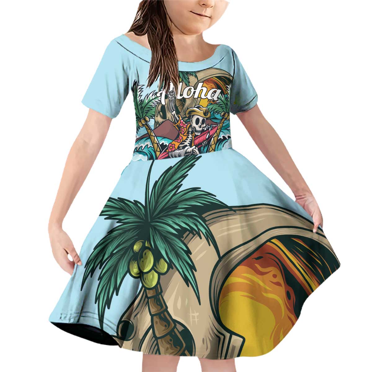 Personalized Aloha Hawaii Skeleton Family Matching Off Shoulder Short Dress and Hawaiian Shirt Tropical Summer Vibe LT01 Daughter's Dress Blue - Polynesian Pride