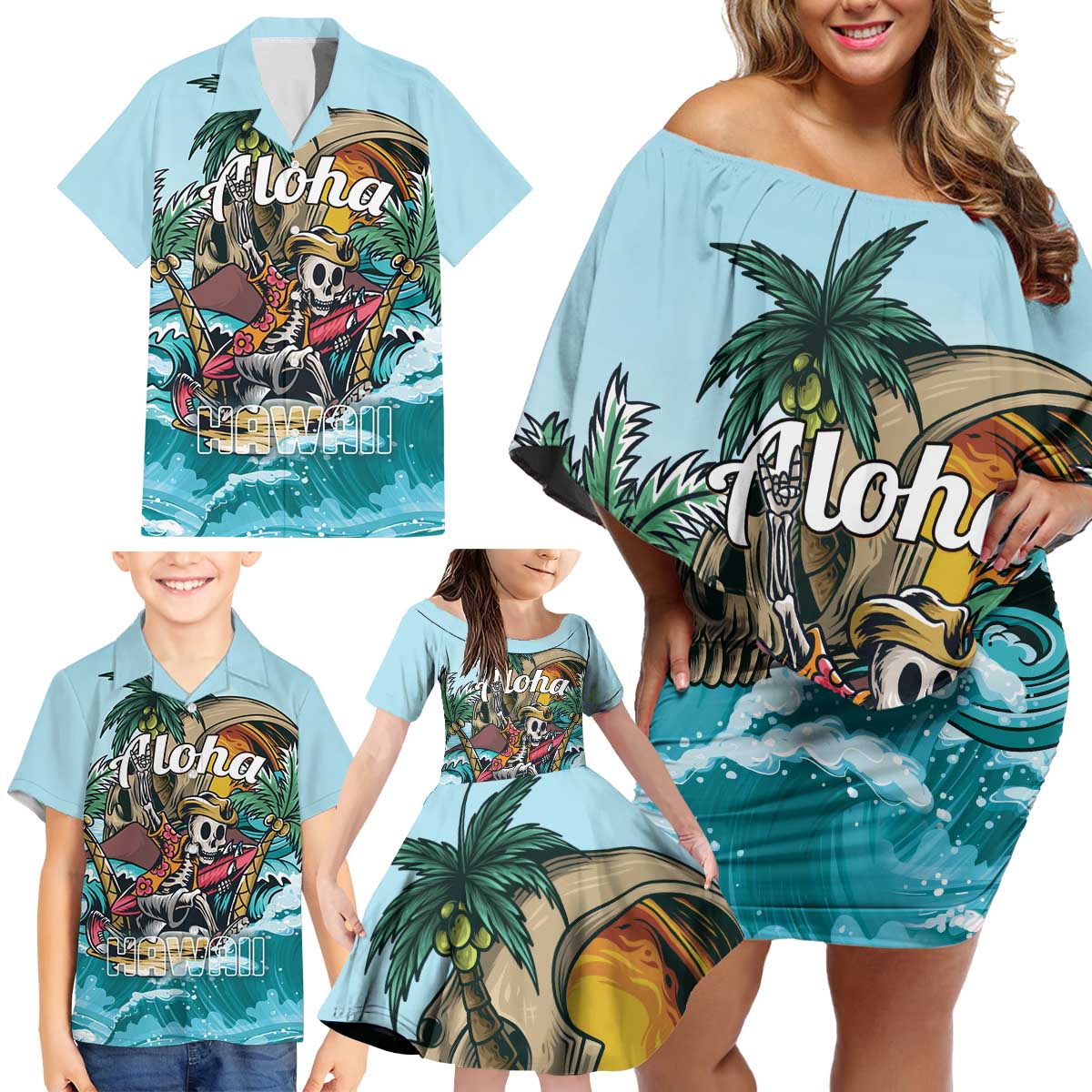 Personalized Aloha Hawaii Skeleton Family Matching Off Shoulder Short Dress and Hawaiian Shirt Tropical Summer Vibe LT01 - Polynesian Pride