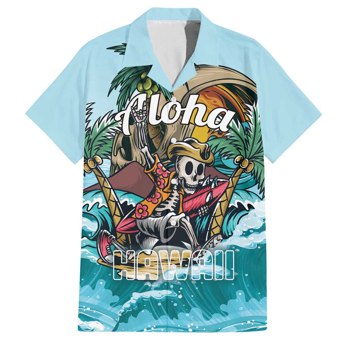 Personalized Aloha Hawaii Skeleton Family Matching Off Shoulder Short Dress and Hawaiian Shirt Tropical Summer Vibe LT01 Dad's Shirt - Short Sleeve Blue - Polynesian Pride