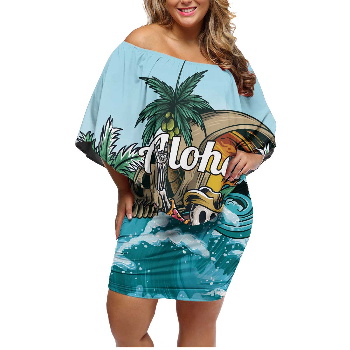 Personalized Aloha Hawaii Skeleton Family Matching Off Shoulder Short Dress and Hawaiian Shirt Tropical Summer Vibe LT01 Mom's Dress Blue - Polynesian Pride