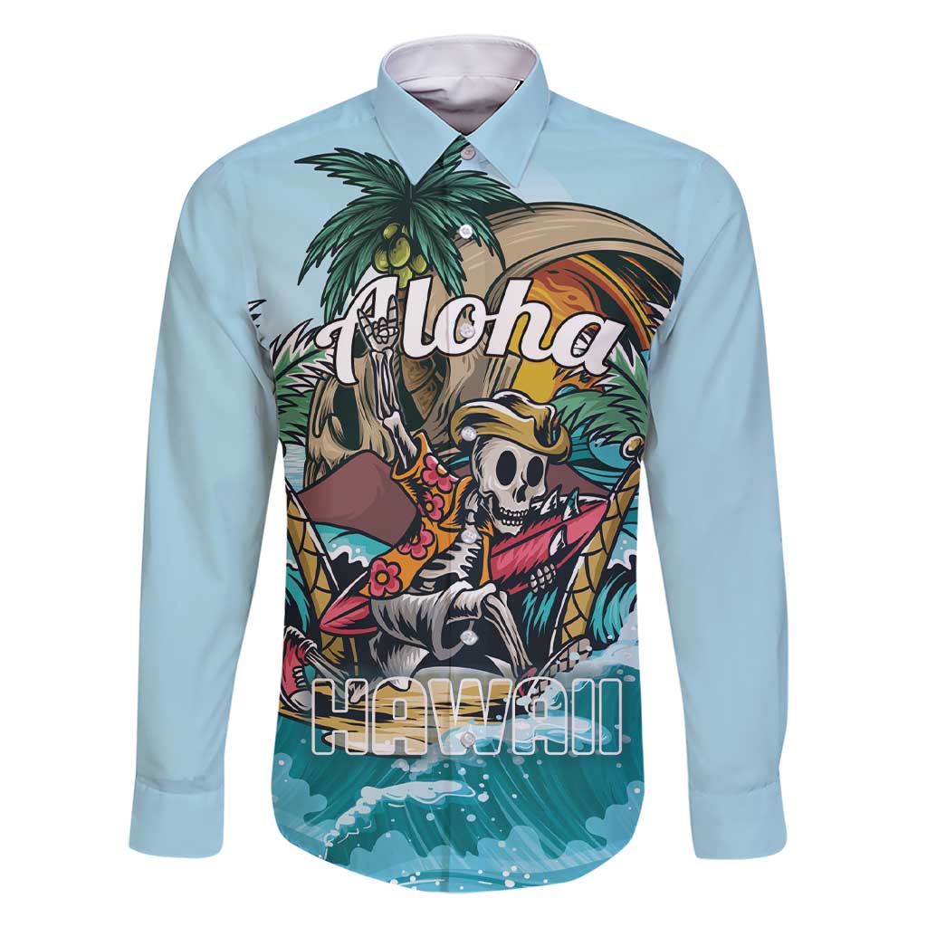 Personalized Aloha Hawaii Skeleton Family Matching Short Sleeve Bodycon Dress and Hawaiian Shirt Tropical Summer Vibe LT01 Dad's Shirt - Long Sleeve Blue - Polynesian Pride