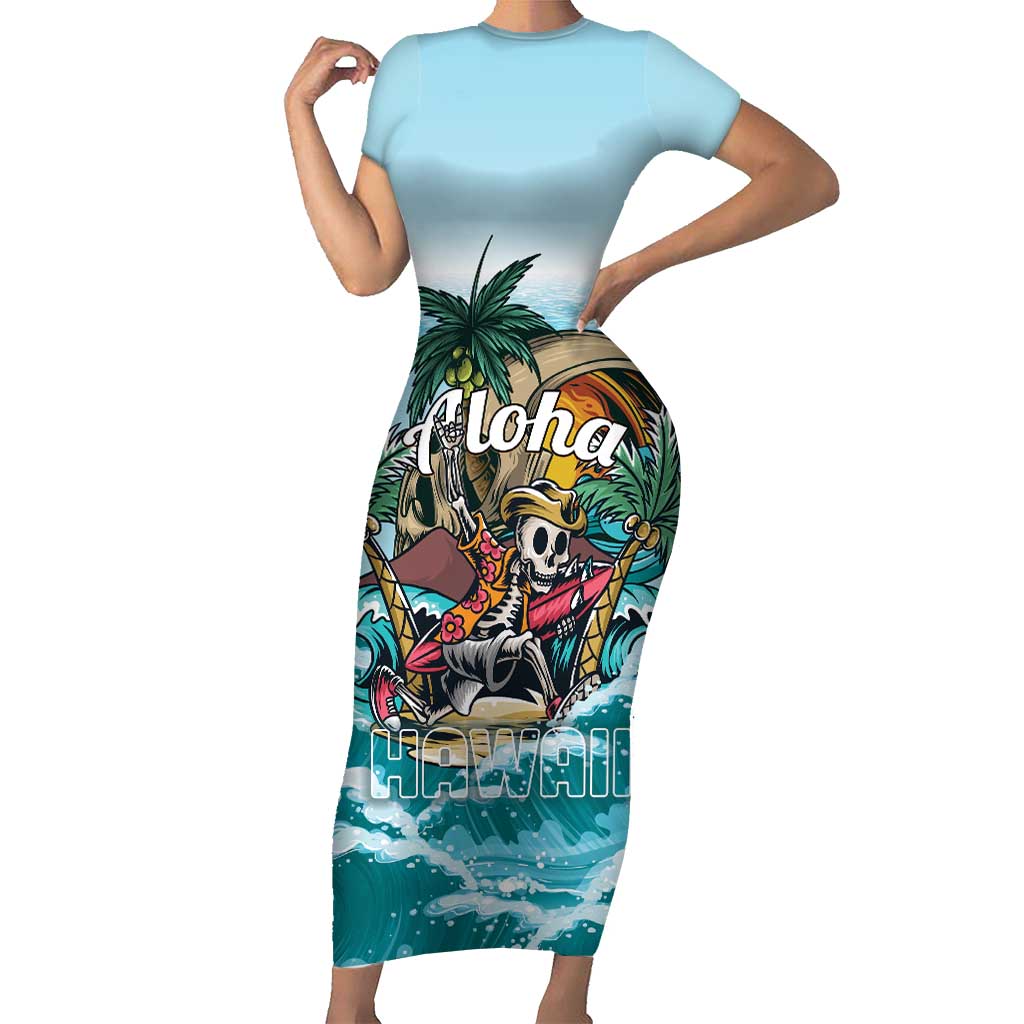 Personalized Aloha Hawaii Skeleton Family Matching Short Sleeve Bodycon Dress and Hawaiian Shirt Tropical Summer Vibe LT01 Mom's Dress Blue - Polynesian Pride