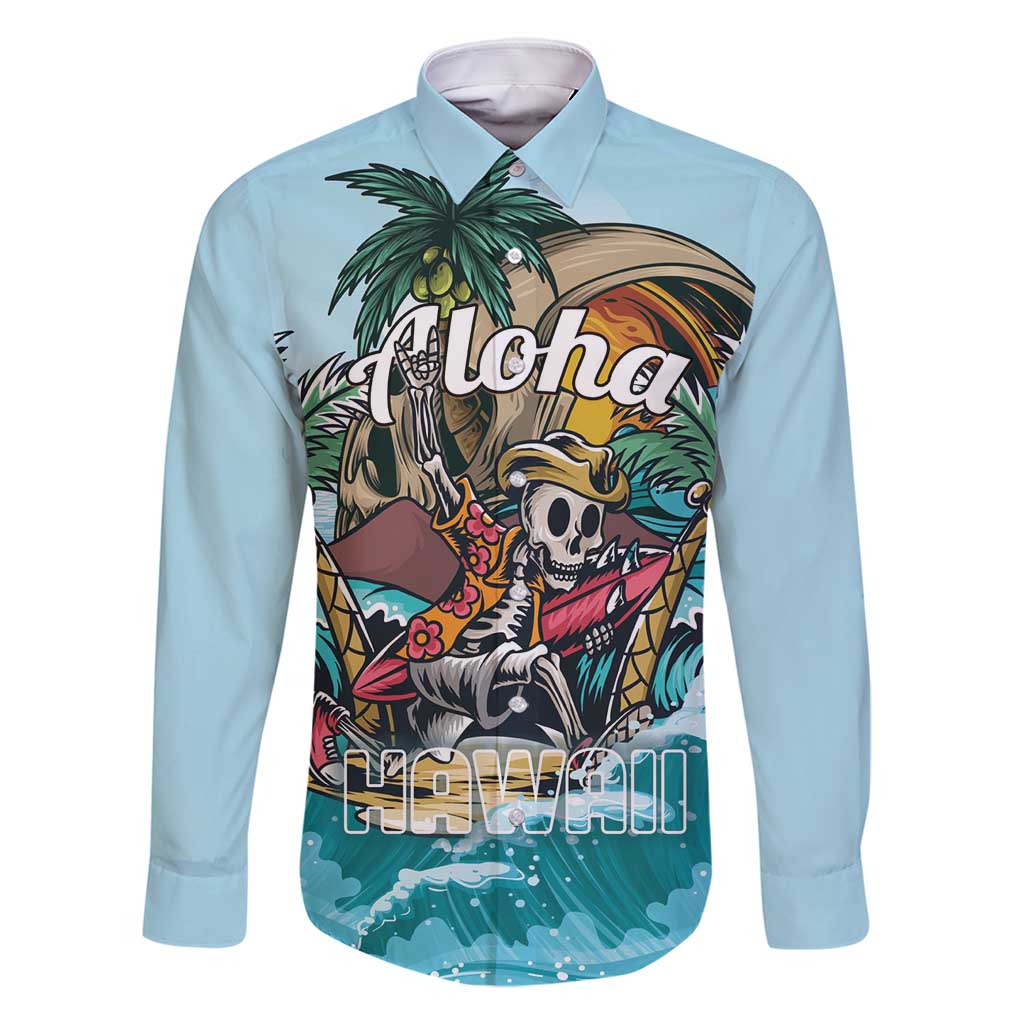 Personalized Aloha Hawaii Skeleton Family Matching Tank Maxi Dress and Hawaiian Shirt Tropical Summer Vibe LT01 Dad's Shirt - Long Sleeve Blue - Polynesian Pride