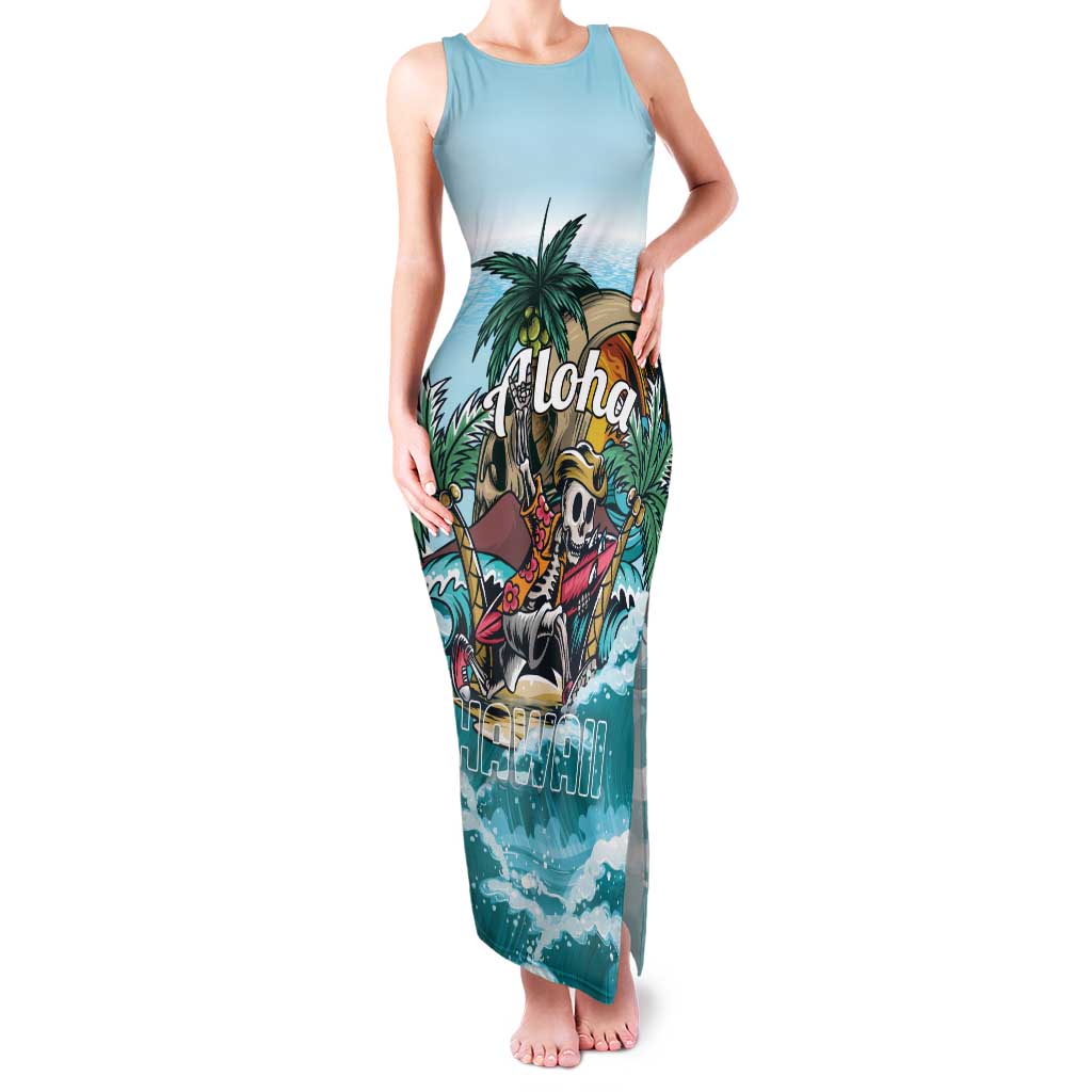 Personalized Aloha Hawaii Skeleton Family Matching Tank Maxi Dress and Hawaiian Shirt Tropical Summer Vibe LT01 Mom's Dress Blue - Polynesian Pride