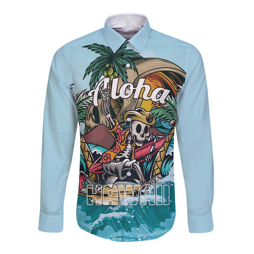 Personalized Aloha Hawaii Skeleton Long Sleeve Button Shirt Tropical Summer Vibe LT01 Unisex Blue - Polynesian Pride