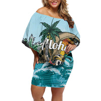 Personalized Aloha Hawaii Skeleton Off Shoulder Short Dress Tropical Summer Vibe LT01 Women Blue - Polynesian Pride