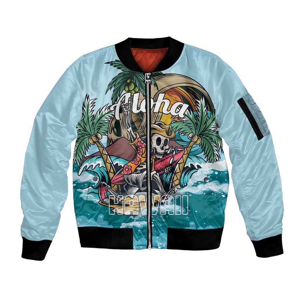 Personalized Aloha Hawaii Skeleton Sleeve Zip Bomber Jacket Tropical Summer Vibe LT01 Unisex Blue - Polynesian Pride