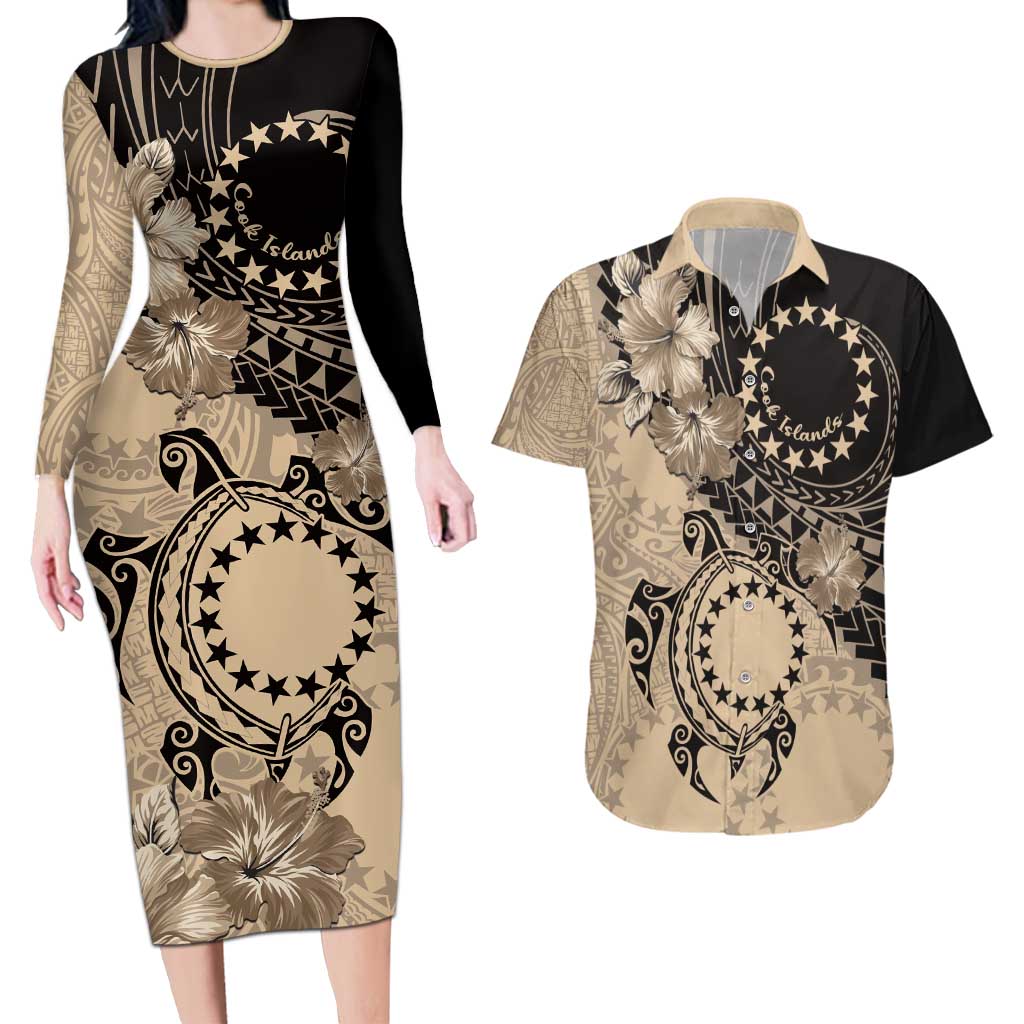 Cook Islands Turtle Couples Matching Long Sleeve Bodycon Dress and Hawaiian Shirt Stars and Hibiscus - Beige LT01 Beige - Polynesian Pride