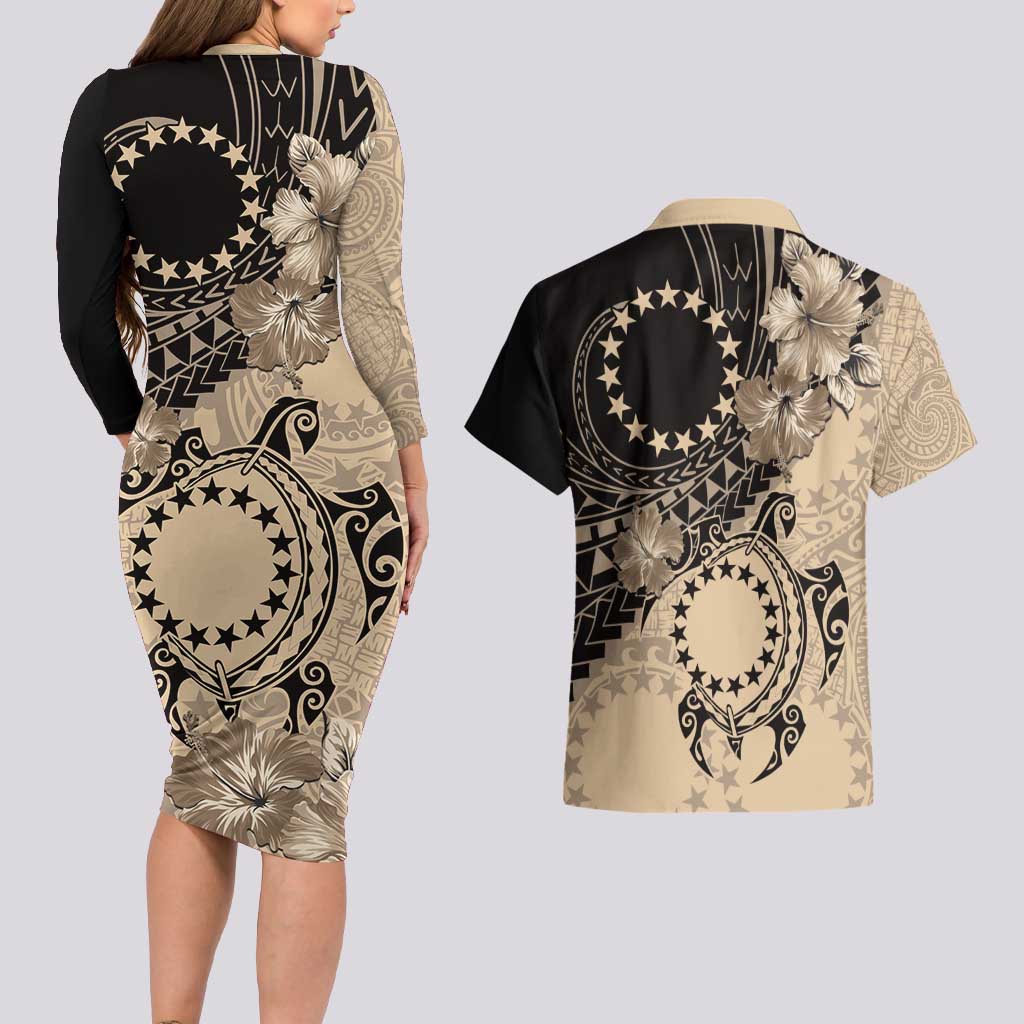 Cook Islands Turtle Couples Matching Long Sleeve Bodycon Dress and Hawaiian Shirt Stars and Hibiscus - Beige LT01 - Polynesian Pride