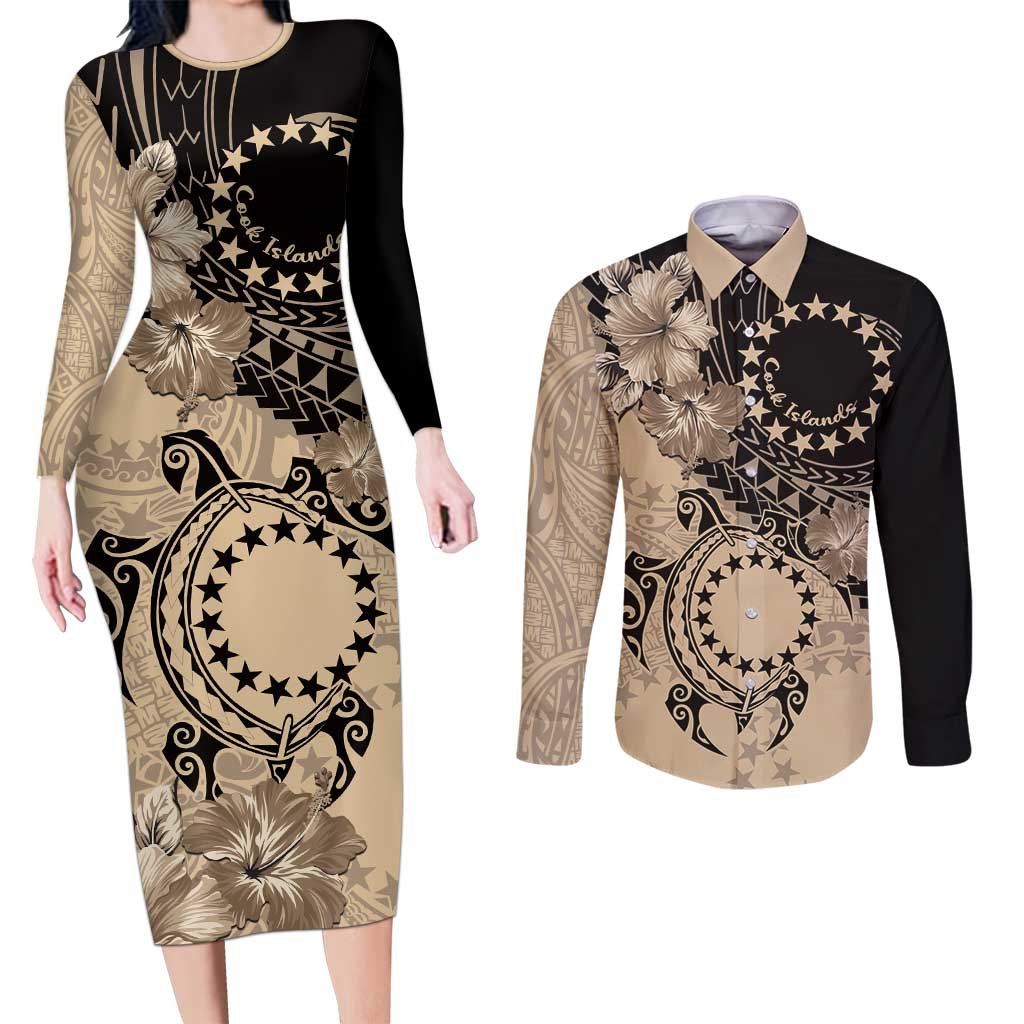 Cook Islands Turtle Couples Matching Long Sleeve Bodycon Dress and Long Sleeve Button Shirt Stars and Hibiscus - Beige LT01 Beige - Polynesian Pride